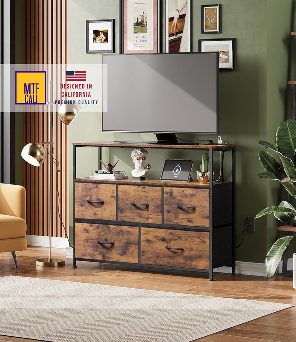 Modern Things Furniture - 5 Drawer TV Dresser Chest of Drawers with Fabric Drawers and Wooden Top - Brown