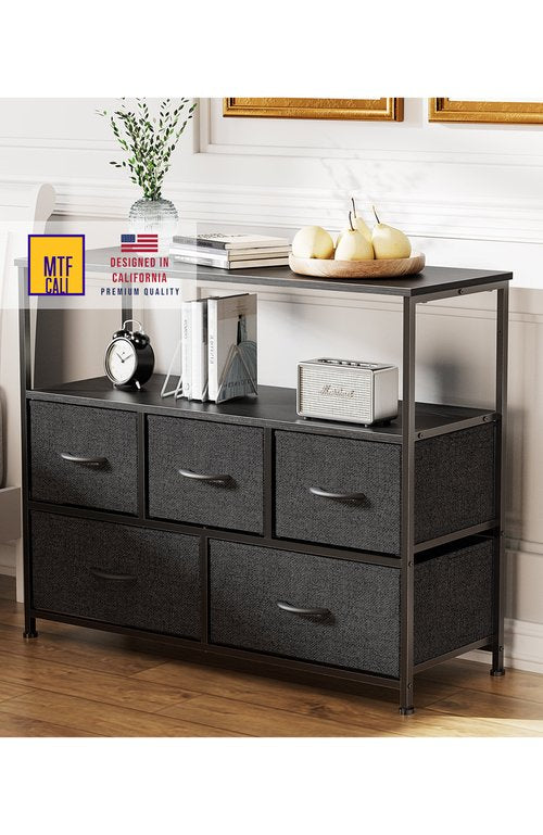 Modern Things Furniture - 5 Drawer TV Dresser Chest of Drawers with Fabric Drawers and Wooden Top - Black