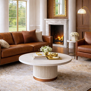 Astor Fluted Round Storage Coffee Table, Distressed Creamy White