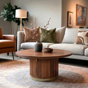 Astor Fluted Round Coffee Table With Storage, Warm Brown Oak