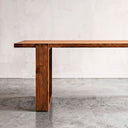 Geometric sled-style base and dovetail joinery detail on Better Wood & Home Brooke solid wood dining table