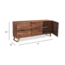 Wooden sideboard and buffet cabinet is 71 inches wide, 16 inches deep, and 35 inches tall.