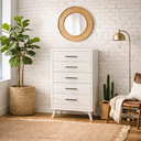 Serena Midcentury 5-Drawer Solid Wood Chest, Fully Assembled Tallboy, White