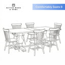 Line drawing of a wooden dining table with six chairs, labeled 'Better Wood & Home' and 'Comfortably Seats 6'.