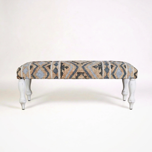Designer Southwestern Kilim Bench, Natural Jute Upholstery and White Legs