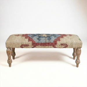 Kilim Upholstered Farmhouse Bench With Wooden Legs